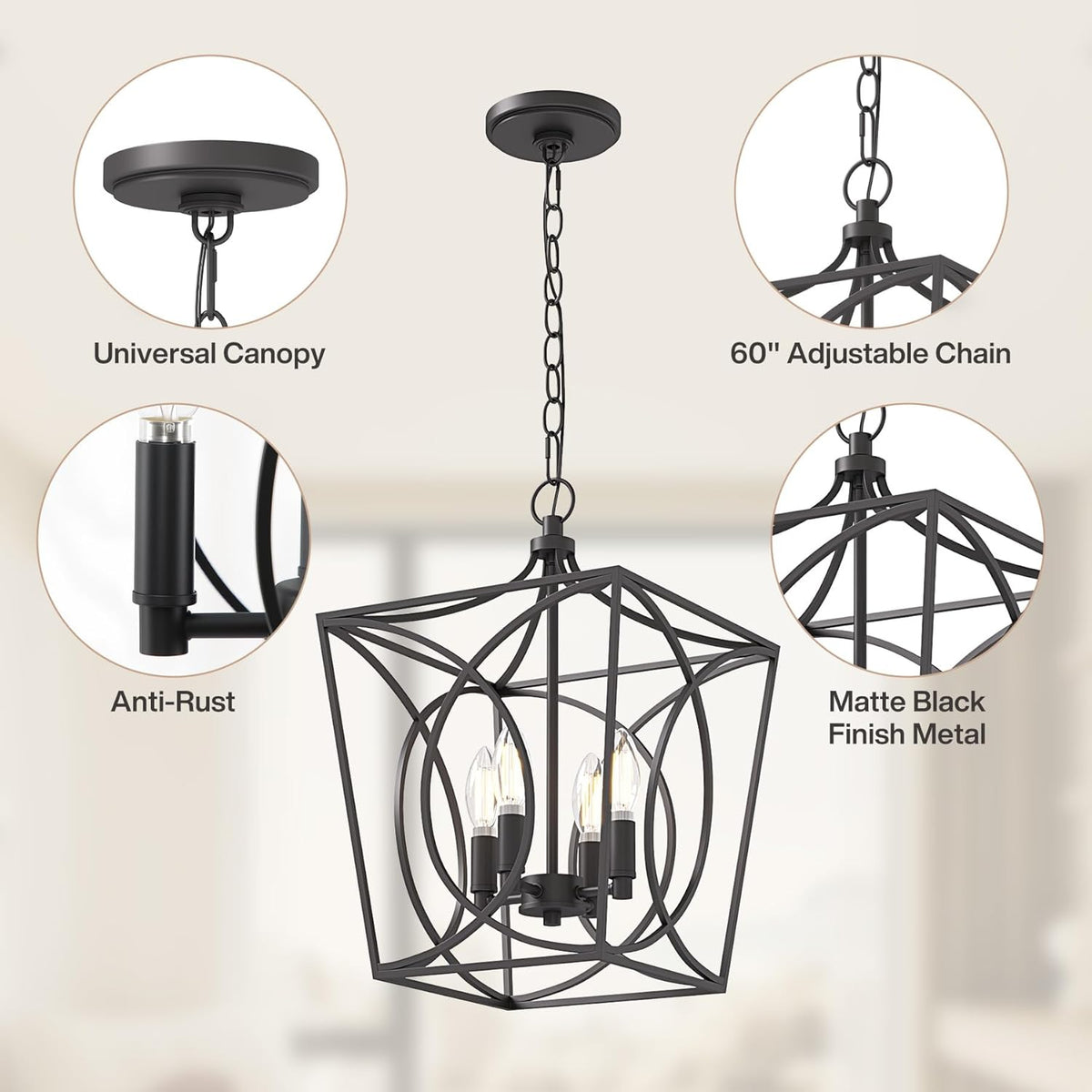 Matte black geometric cage pendant light with four bulbs and 60-inch adjustable chain