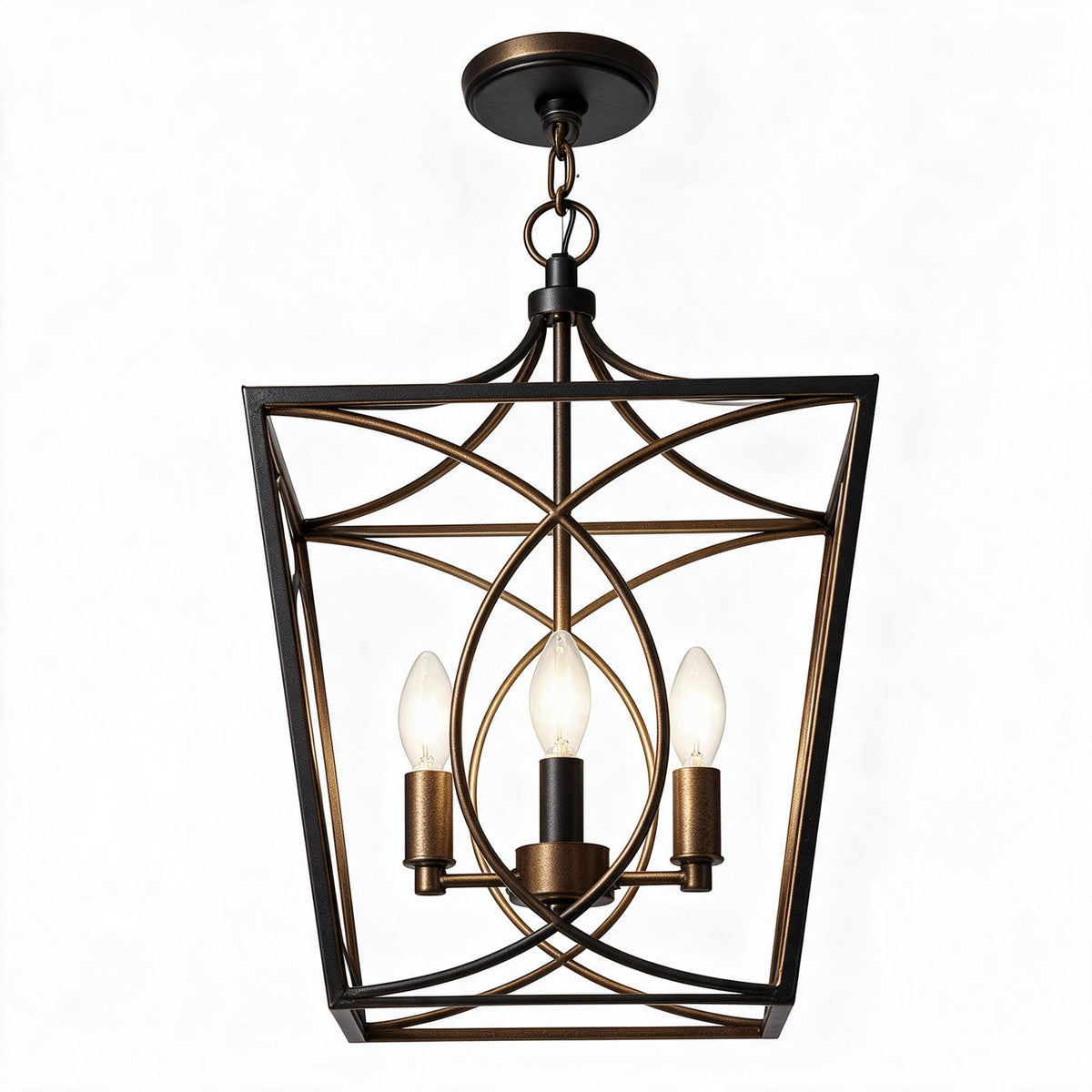 Four-light geometric cage pendant light in bronze finish, shown from front view