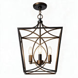 Four-light geometric cage pendant light in bronze finish, shown from front view