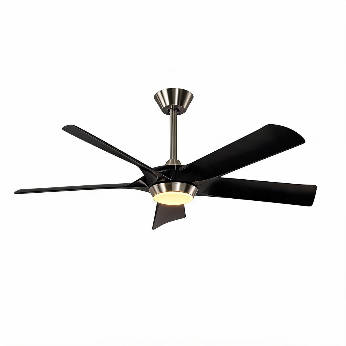 Black ceiling fan with five blades and built-in light, viewed from below