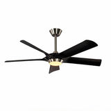 Black ceiling fan with five blades and built-in light, viewed from below