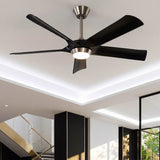 Black ceiling fan with five blades and integrated light, viewed from below in a modern room