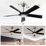 Black ceiling fan with light, 52" wide, shown installed on low and high ceilings with dimensions