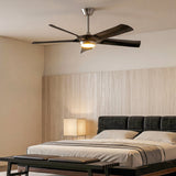 Black five-blade ceiling fan with integrated light, shown in a bedroom setting