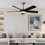 Black five-blade ceiling fan with light, shown installed in a modern living room