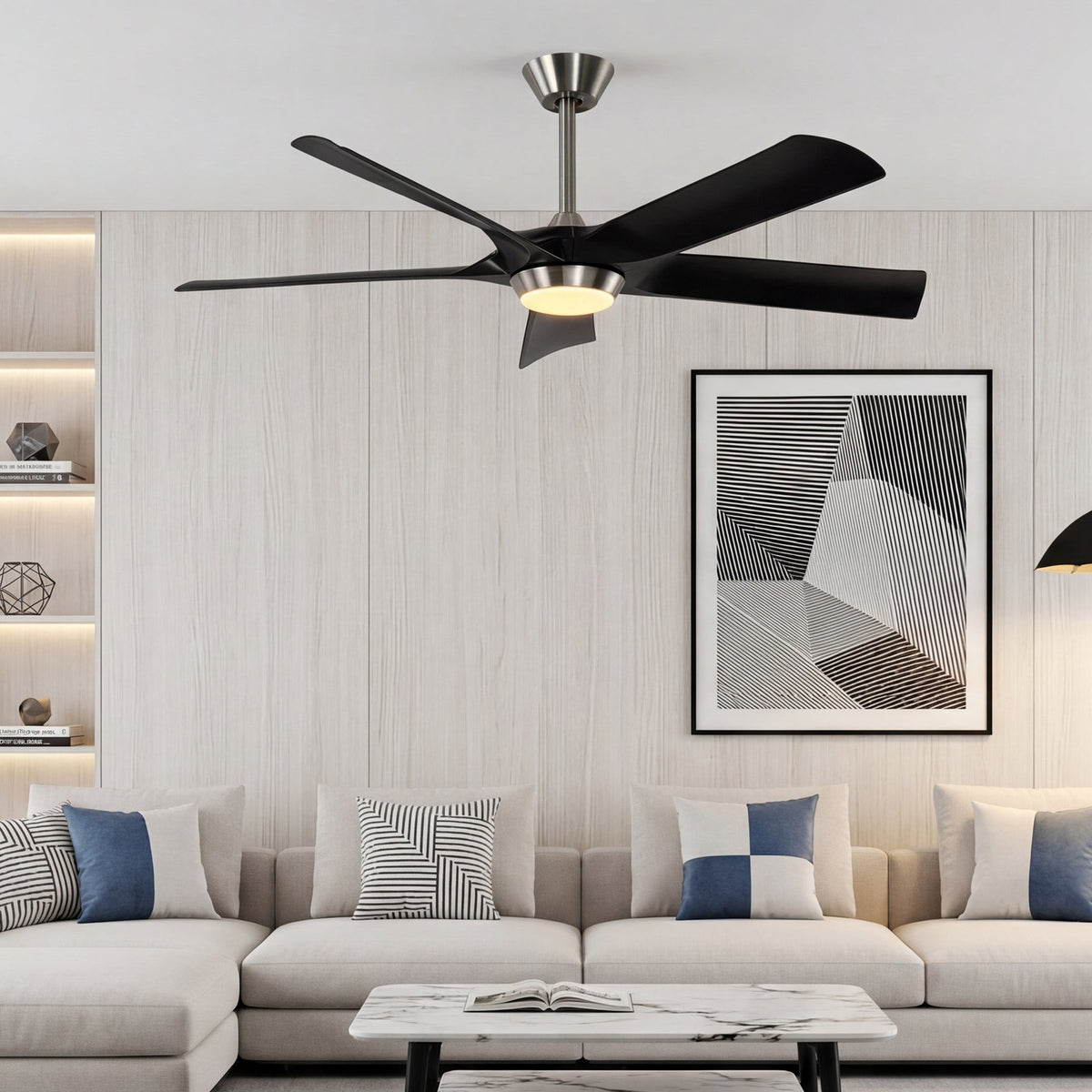 Black five-blade ceiling fan with light, shown installed in a modern living room