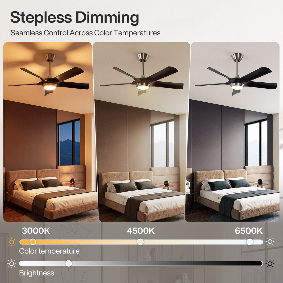 Black ceiling fan with light in bedroom, showing 3000K warm white lighting