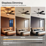Black ceiling fan with light in bedroom, showing 3000K warm white lighting