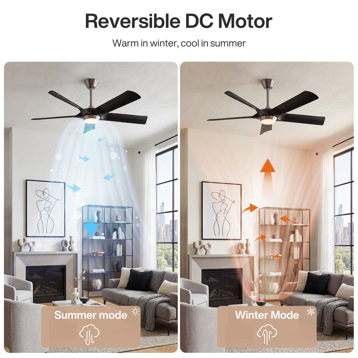 Black ceiling fan with light in living room, shown in summer and winter modes