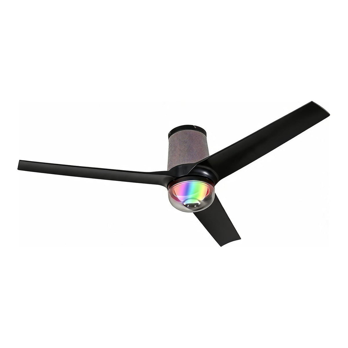 Black flush mount ceiling fan with three blades and RGB LED light, viewed from above