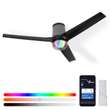 Black flush mount ceiling fan with RGB LED light, shown with remote and color spectrum