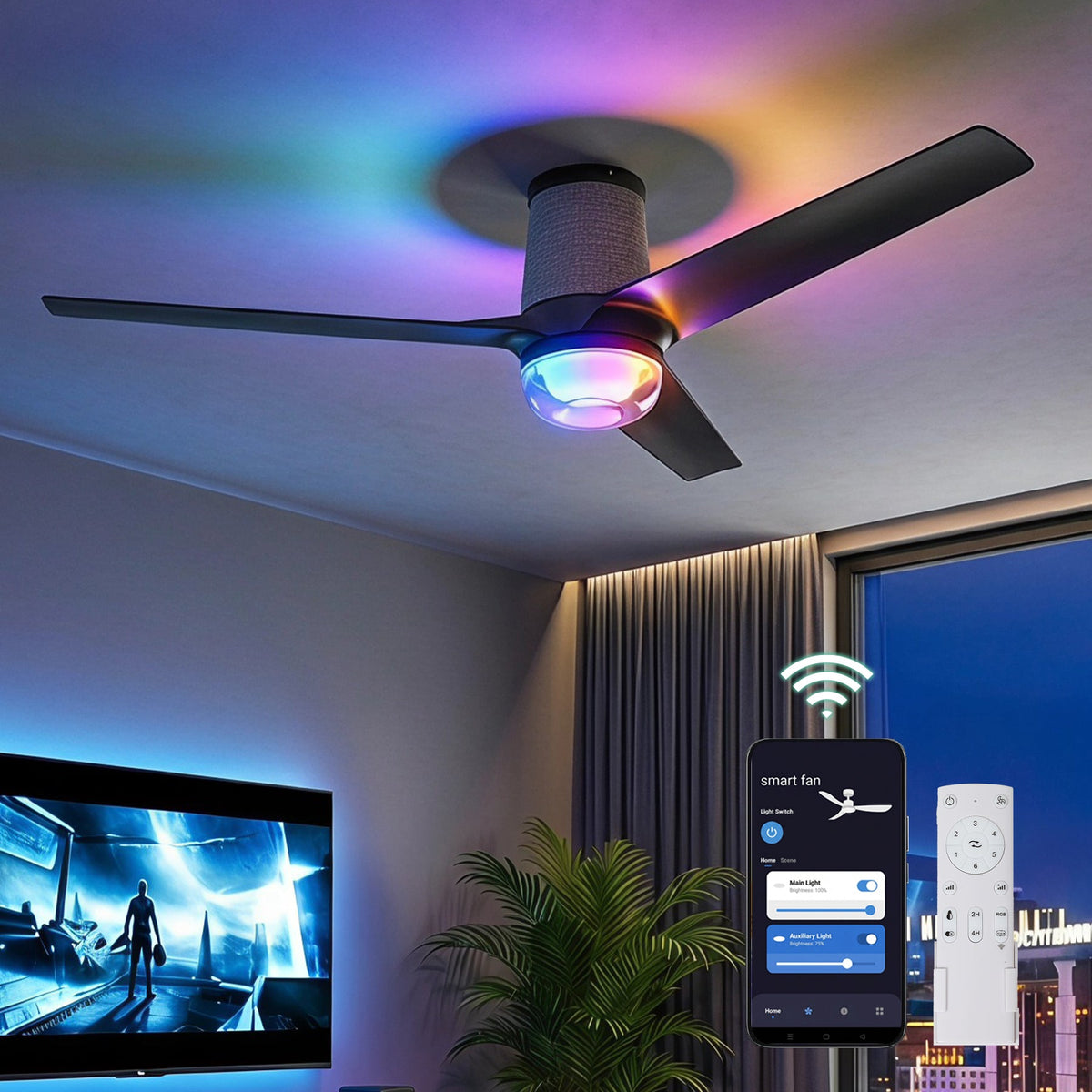 Black flush mount ceiling fan with RGB LED light, shown in a living room with smartphone app and remote control
