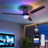 Black flush mount ceiling fan with RGB LED light, shown in a living room with smartphone app and remote control