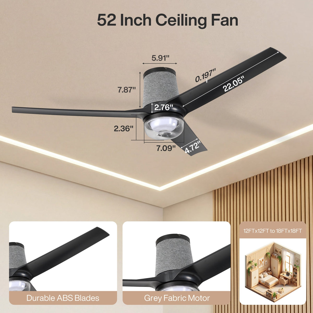 Black flush mount ceiling fan with light, showing dimensions: 52 inch blade span, 7.87 inch height, 2.36 inch width
