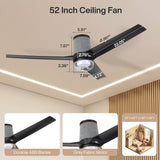 Black flush mount ceiling fan with light, showing dimensions: 52 inch blade span, 7.87 inch height, 2.36 inch width