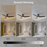Black flush mount ceiling fan with light, shown in a bedroom with three dimming levels: 3000K warm, 4000K natural, and 5000K white