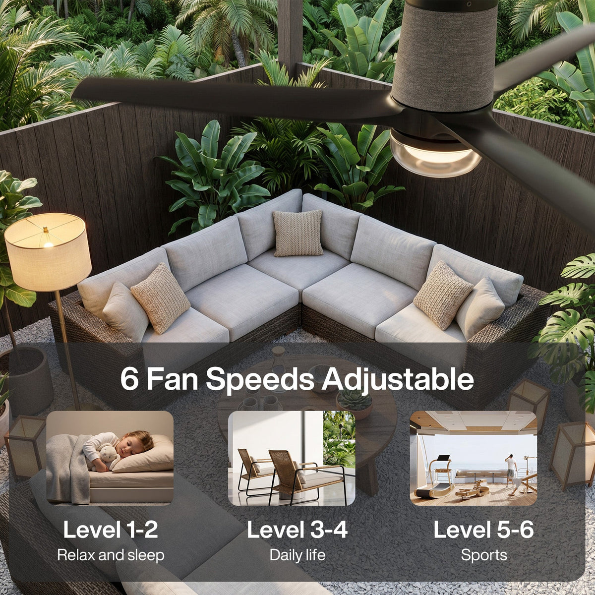 Black flush mount ceiling fan with light, shown in a lush outdoor patio setting