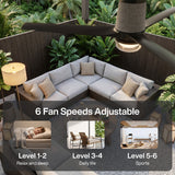 Black flush mount ceiling fan with light, shown in a lush outdoor patio setting