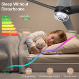 Black flush mount ceiling fan with light, shown above a sleeping child in a bedroom