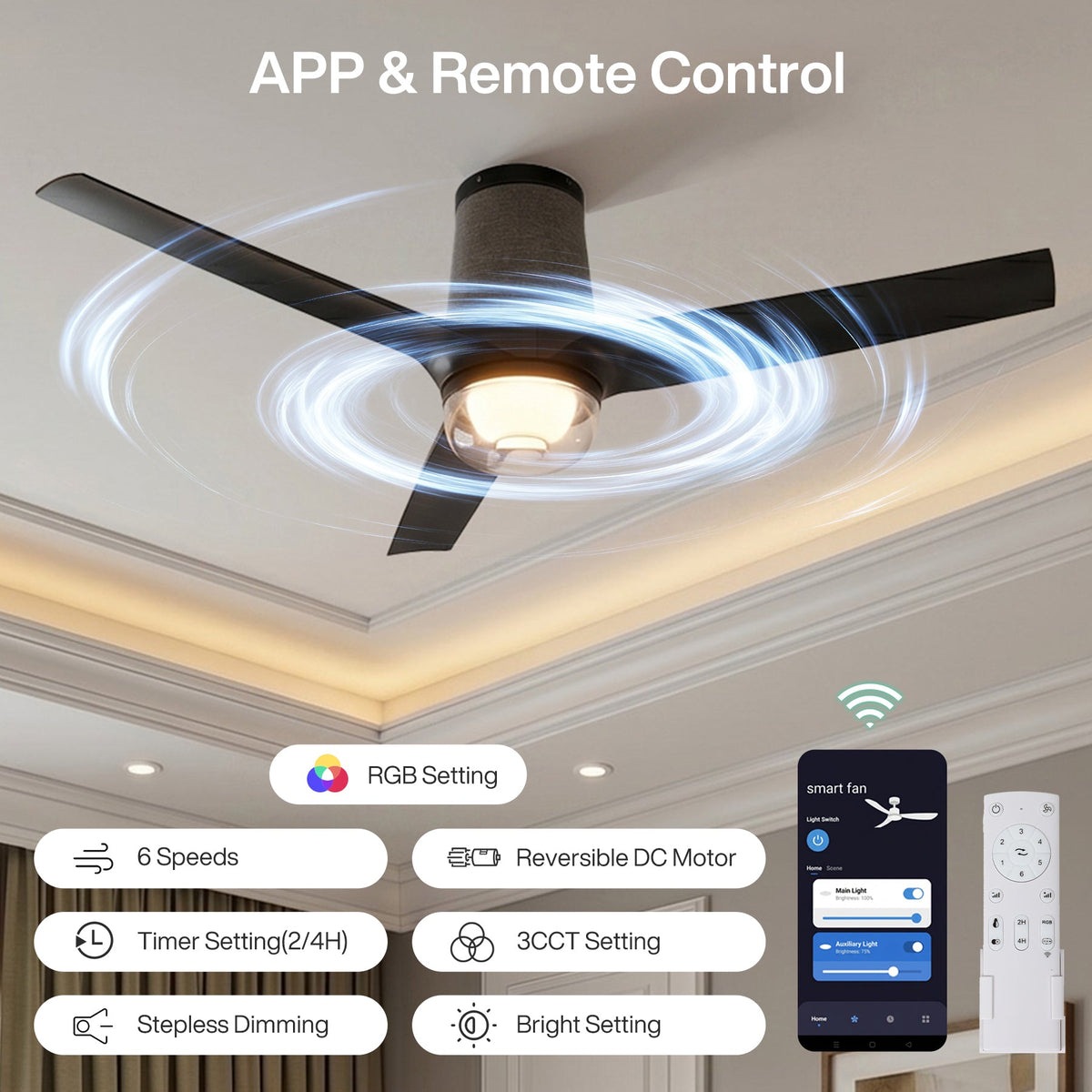 Black flush mount ceiling fan with light, shown from below in a room with remote and app controls
