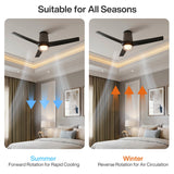 Black flush mount ceiling fan with light, shown in bedroom during summer and winter modes