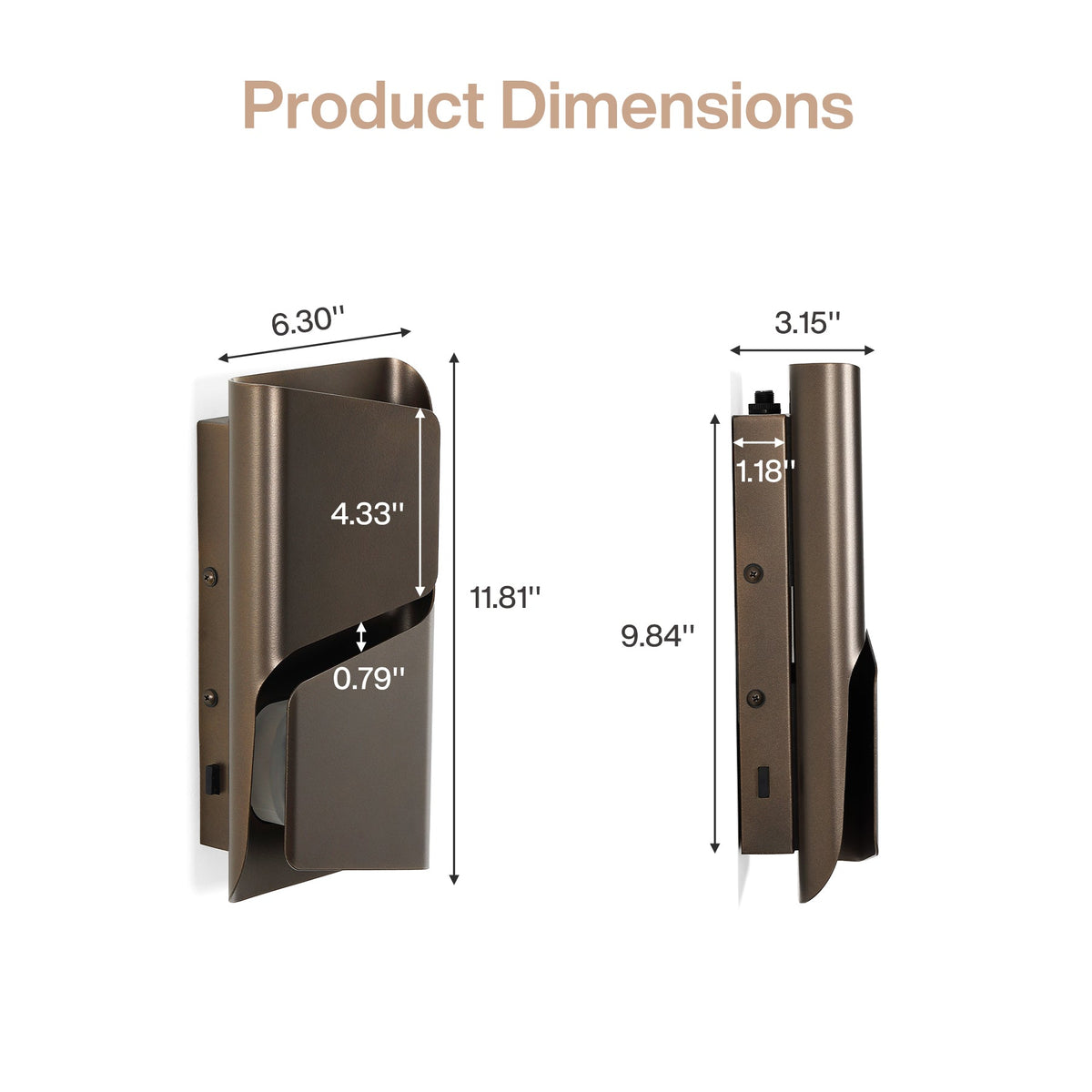 Bronze LED outdoor wall light showing dimensions: 6.30" x 4.33" x 11.81" and 3.15" x 1.18" x 9.84"