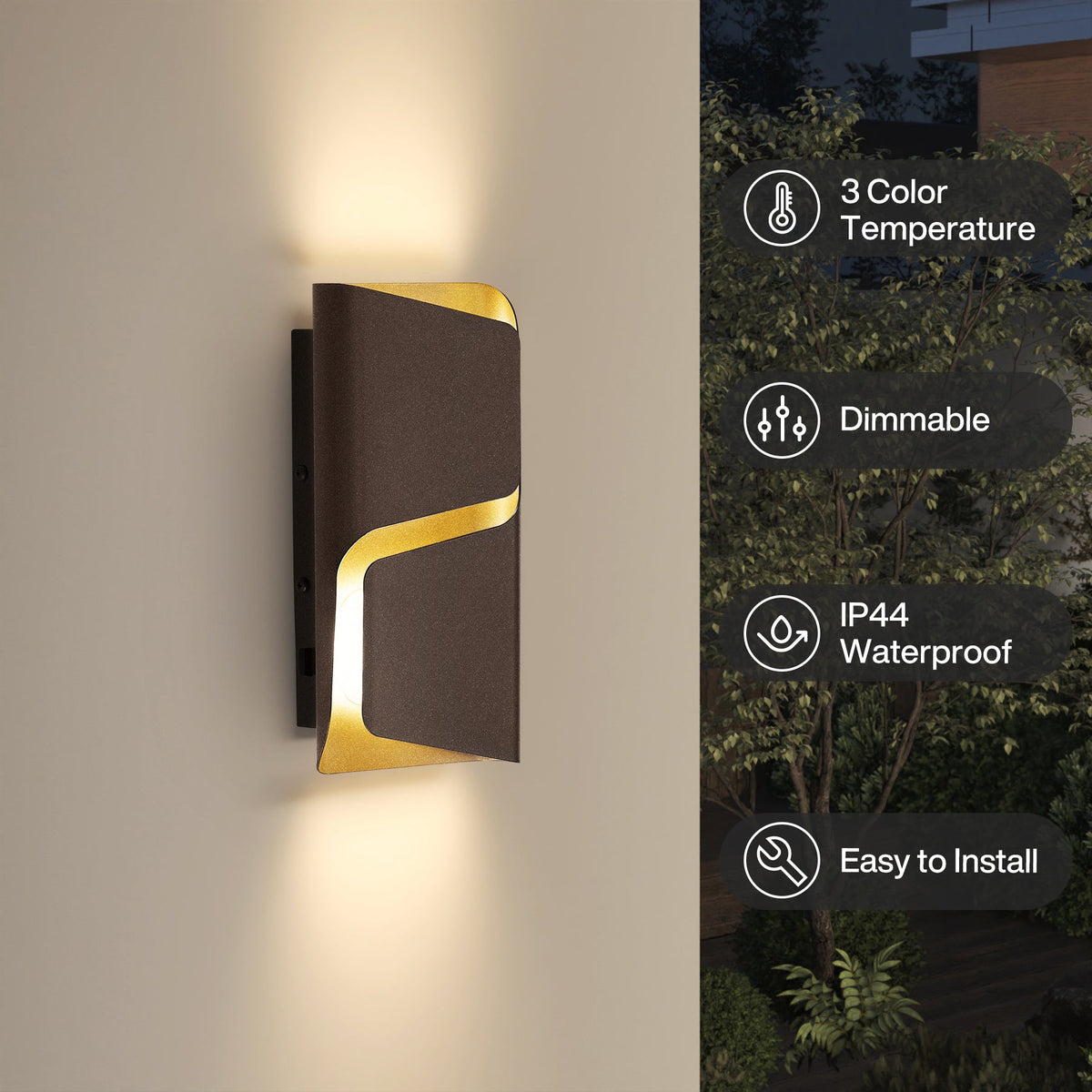 LED Outdoor Wall Lights Two Pack, Dusk to Dawn, Three Color, Dimmable