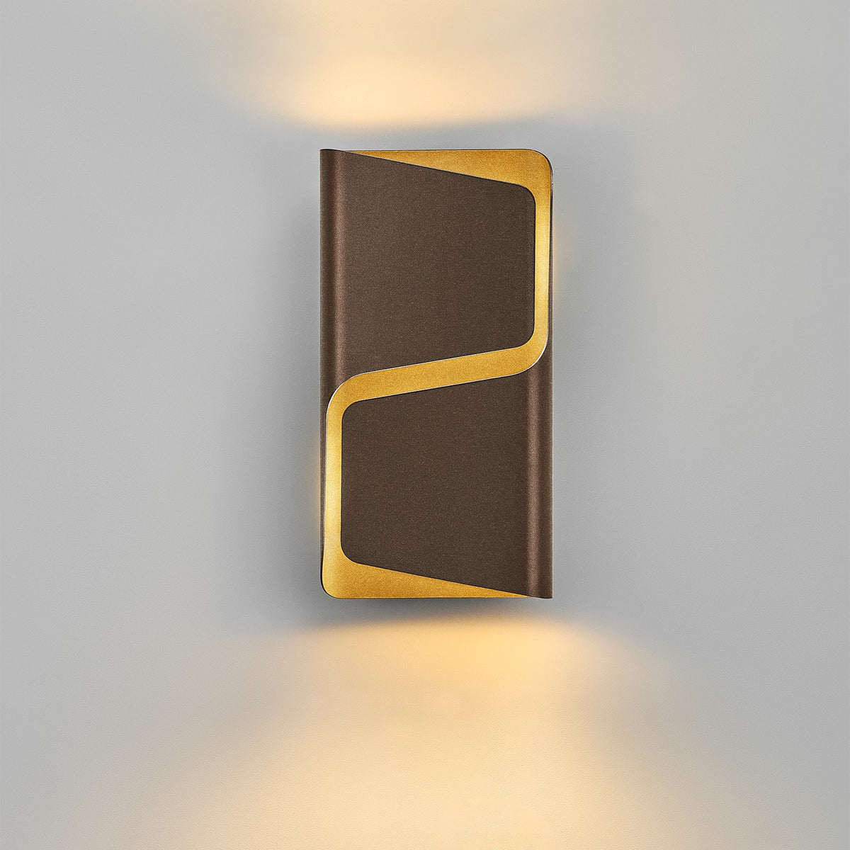 Rectangular LED wall light with gold trim and brown textured panel, shown mounted on wall