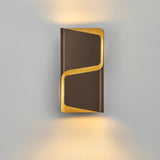 Rectangular LED wall light with gold trim and brown textured panel, shown mounted on wall