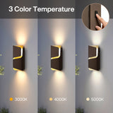 Three LED outdoor wall lights showing 3000K, 4000K, and 5000K color temperatures on a wall
