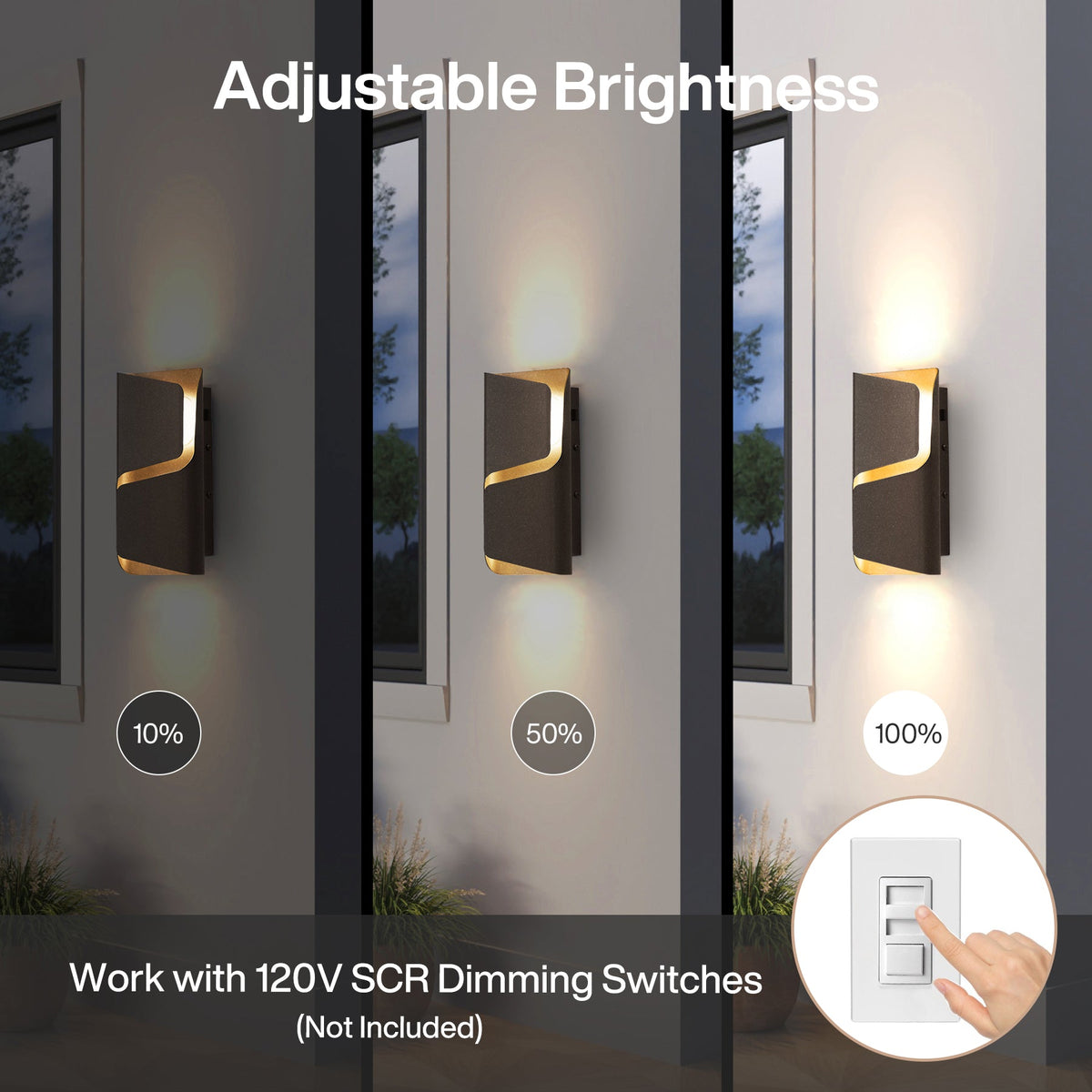 Three LED outdoor wall lights shown at 10%, 50%, and 100% brightness levels