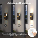 Three LED outdoor wall lights shown at 10%, 50%, and 100% brightness levels