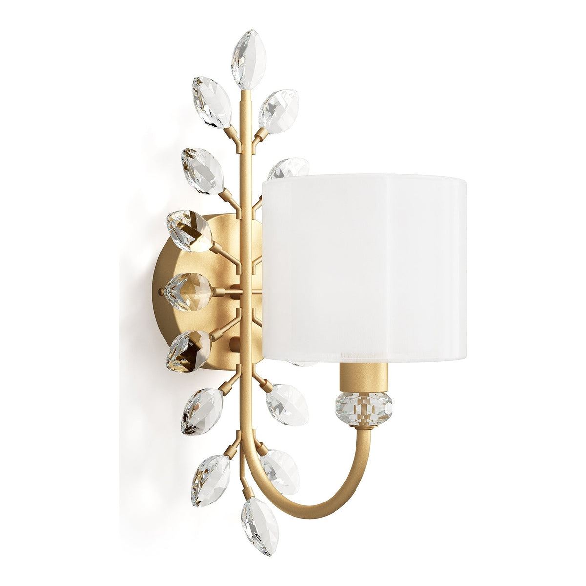 Gold Crystal Leaf Wall Sconce with Fabric Shade, Decorative Wall Light