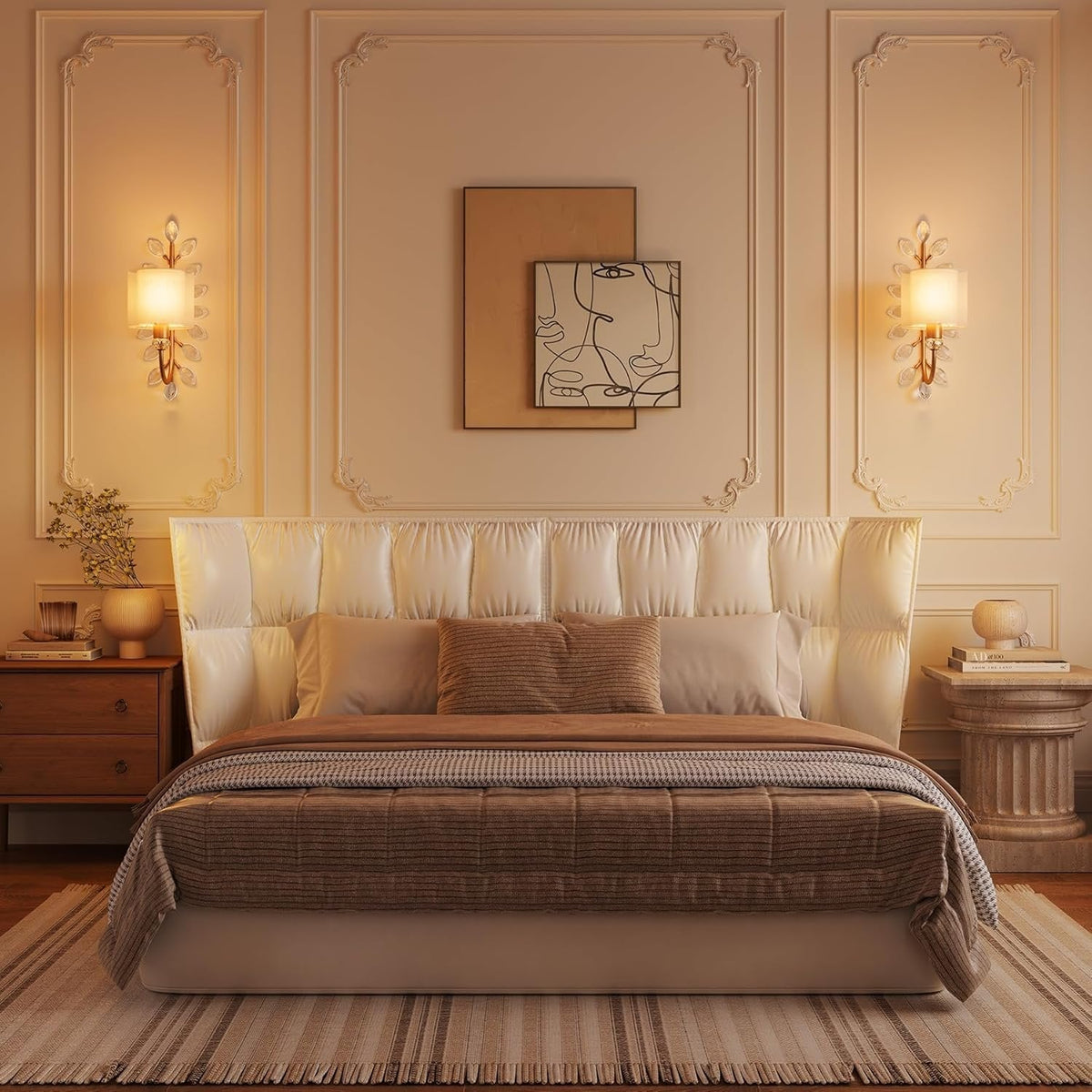 Gold crystal leaf wall sconce with fabric shade, shown on beige wall in bedroom setting