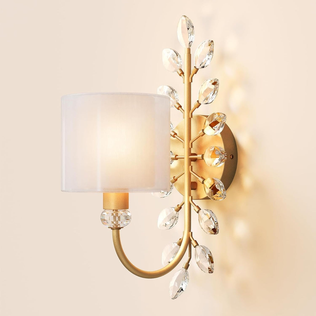 Gold Crystal Leaf Wall Sconce with Fabric Shade, Decorative Wall Light