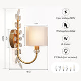 Gold crystal leaf wall sconce with fabric shade, 15.87" tall, 9.13" wide, 5.51" wide shade