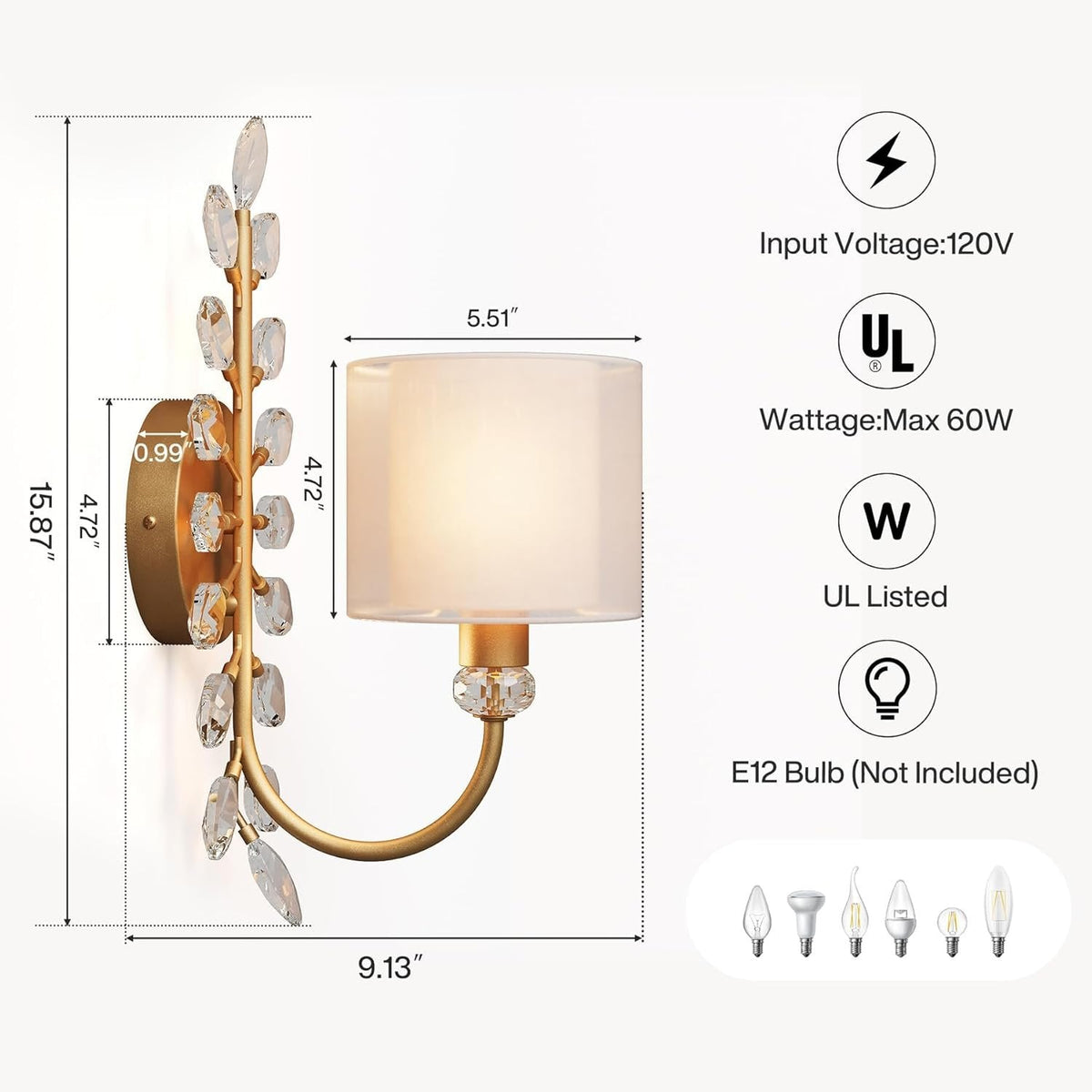 Gold Crystal Leaf Wall Sconce with Fabric Shade, Decorative Wall Light