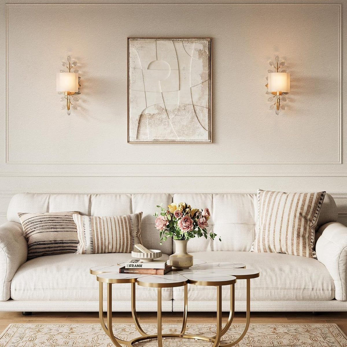 Gold Crystal Leaf Wall Sconce with Fabric Shade, Decorative Wall Light