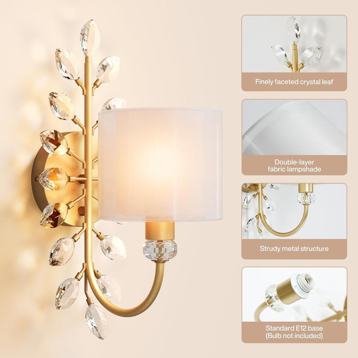 Gold crystal leaf wall sconce with fabric shade, shown at an angle