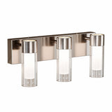 Three-light brushed nickel LED vanity light with clear glass shades, shown from front angle