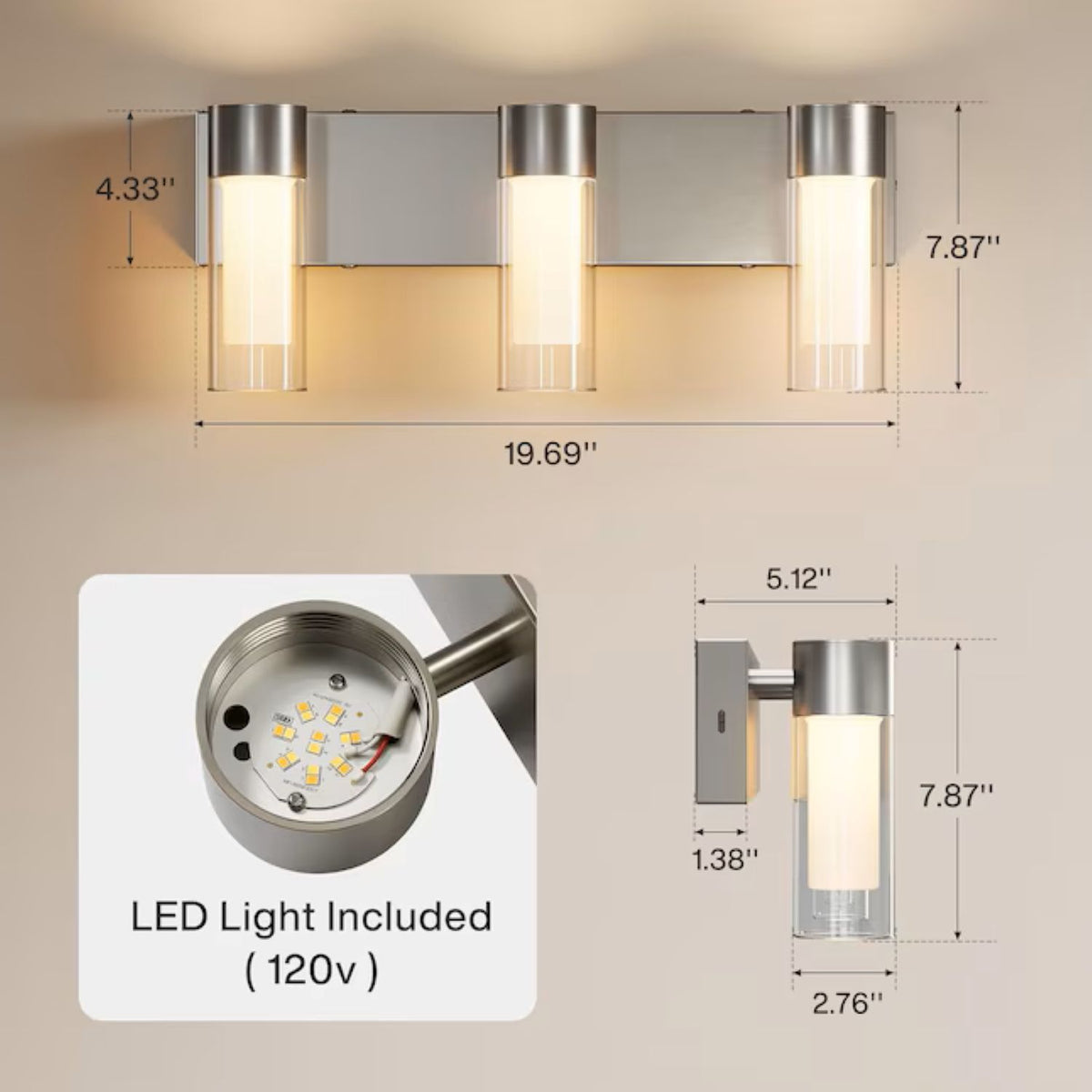 Brushed nickel three-light vanity light with LED bulbs, 19.69" wide, 7.87" tall, 4.33" deep per light