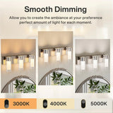 Brushed nickel three-light vanity light with dimmable settings shown at 3000K, 4000K, and 5000K