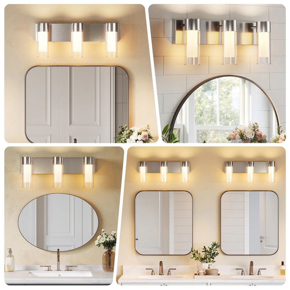 Brushed nickel three-light LED vanity light above a rectangular mirror in a bathroom