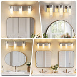 Brushed nickel three-light LED vanity light above a rectangular mirror in a bathroom