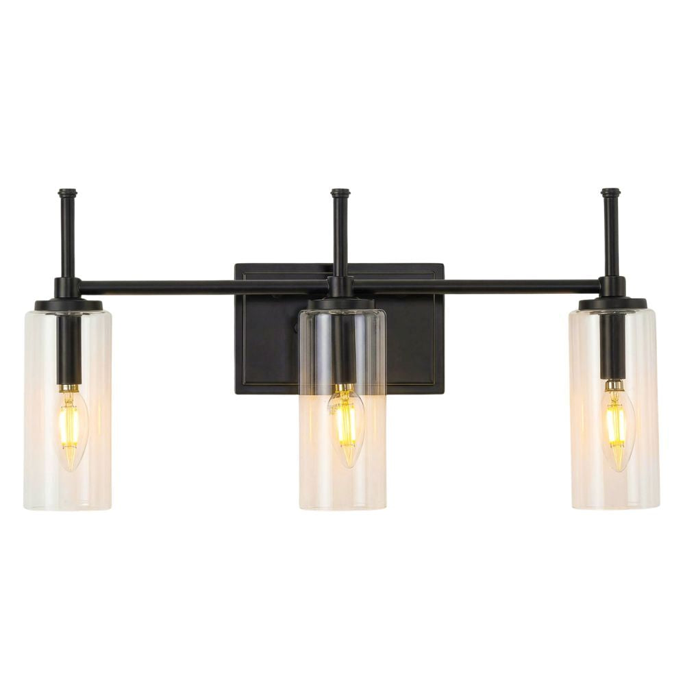 Black Bathroom Vanity Light, Three-Light Clear Cylinder Glass Shades