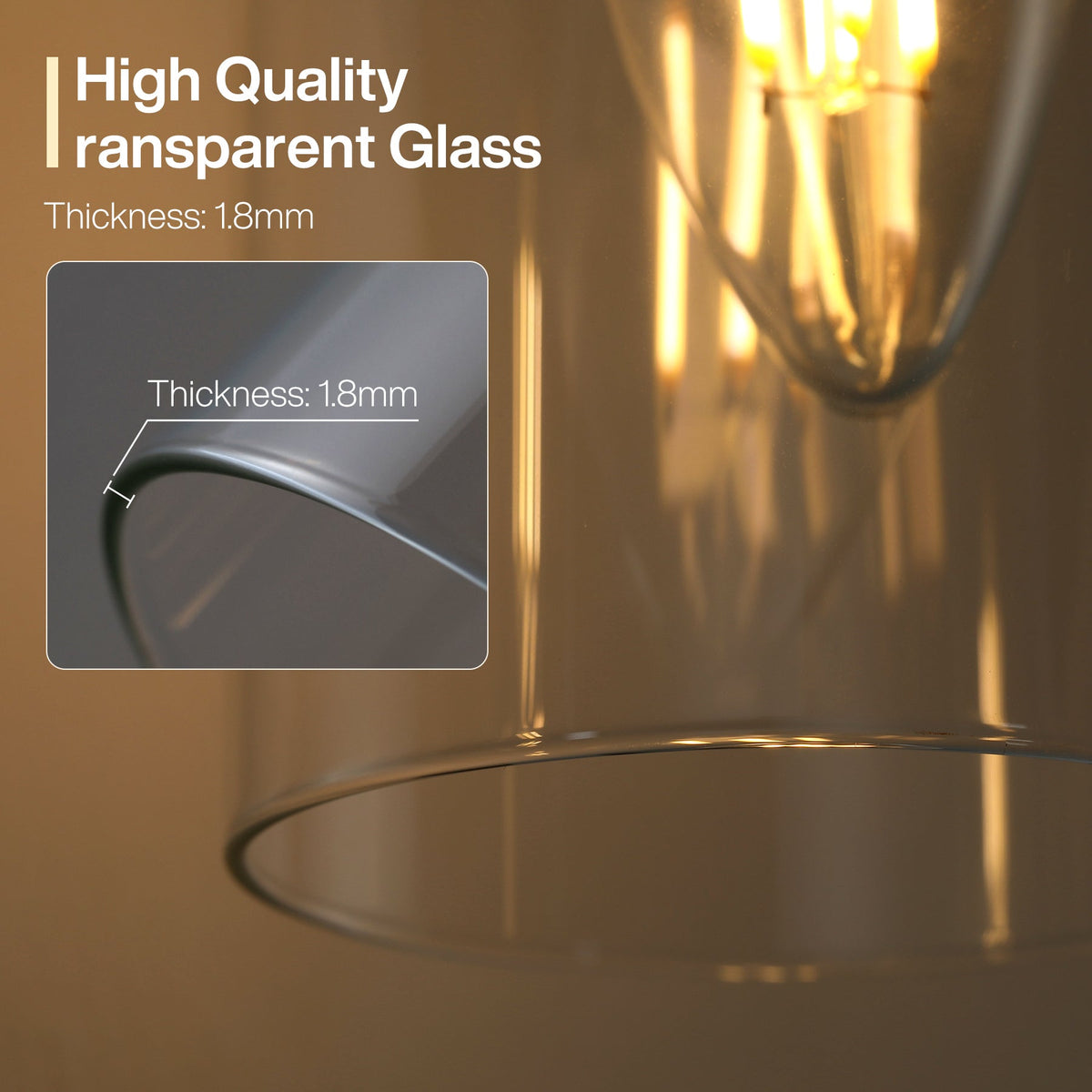Close-up of clear cylinder glass shade with 1.8mm thickness on black bathroom vanity light