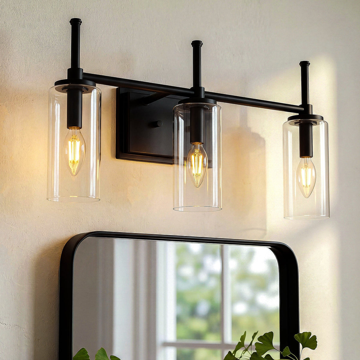 Black Bathroom Vanity Light, Three-Light Clear Cylinder Glass Shades
