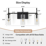 Black three-light vanity light with clear cylinder glass shades, 22.05" wide, 6.89" high, dimensions shown