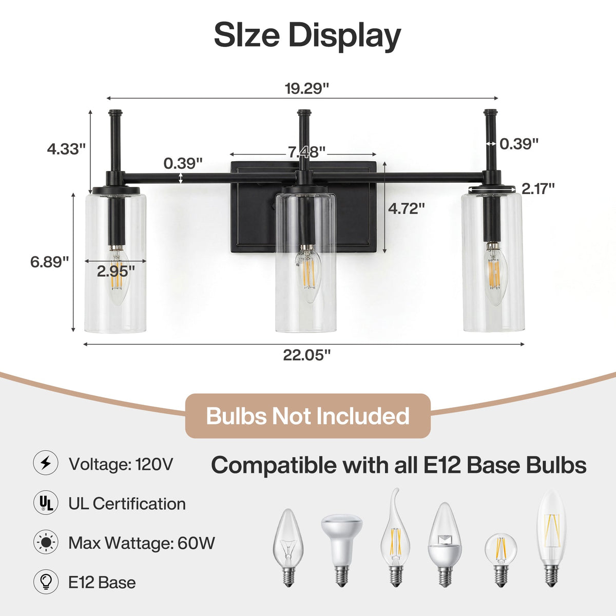 Black Bathroom Vanity Light, Three-Light Clear Cylinder Glass Shades