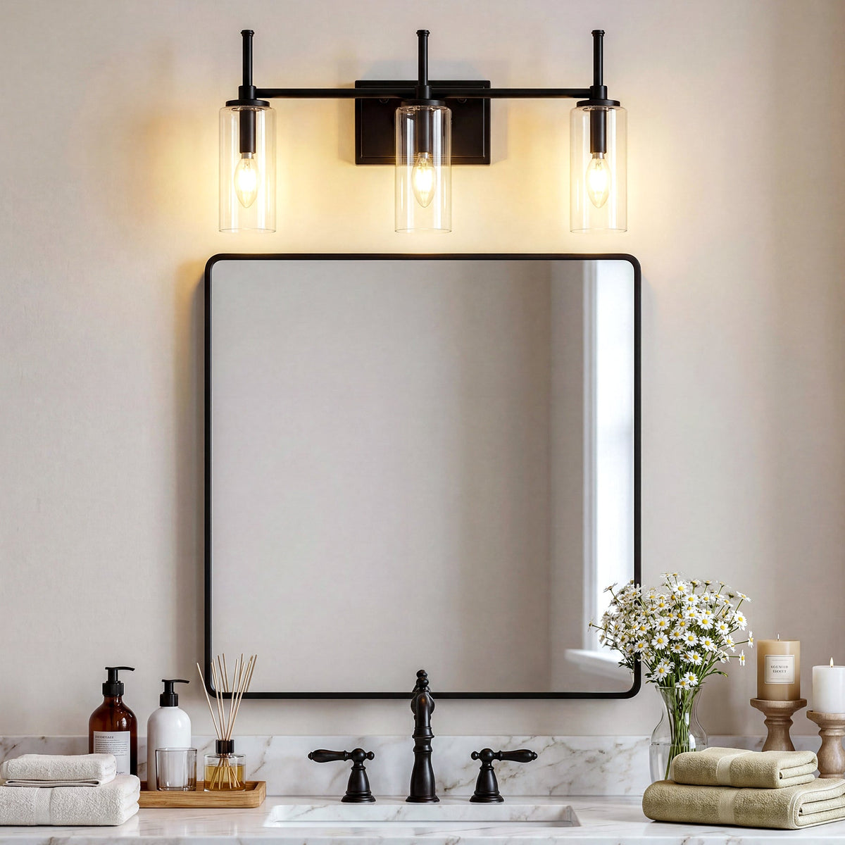 Black Bathroom Vanity Light, Three-Light Clear Cylinder Glass Shades